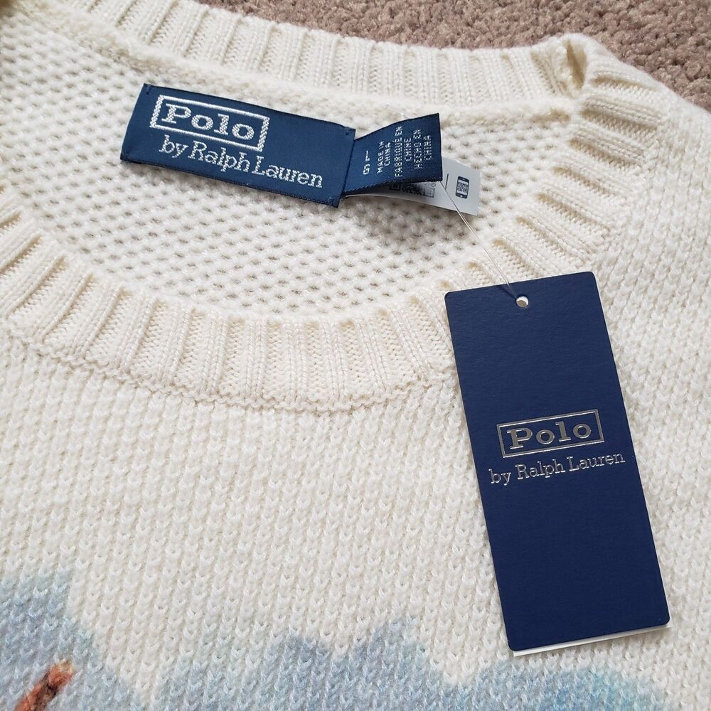 Polo Ralph Lauren 100% Cashmere Paradise Polo Player Sz Large Mens Cream Sweater - Picture 4 of 8